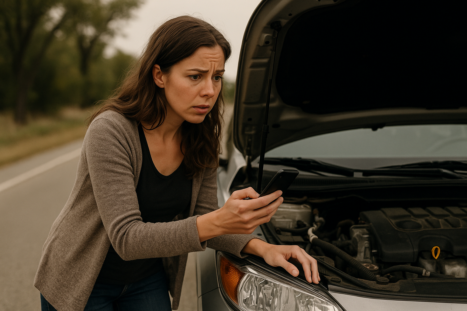 yolda kalan endişeli bir kadın çiz ve duruma göre hareket ediormus gibi dursun fotografta